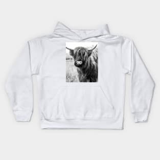 Highland Cow Portait, black and white Kids Hoodie